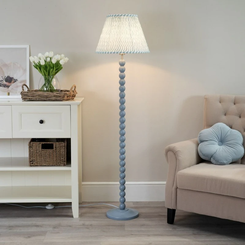 Image of ValueLights Bobbins Powder Blue Floor Lamp with Tapered Fabric Pleated Shade Green
