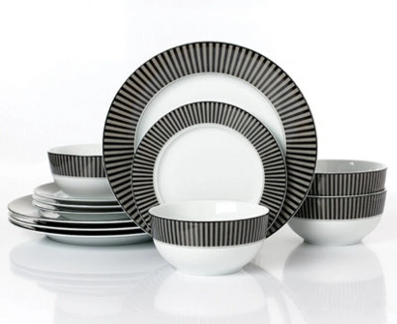 Image of Waterside 12Pc Black & Grey Stripe Plates 6327
