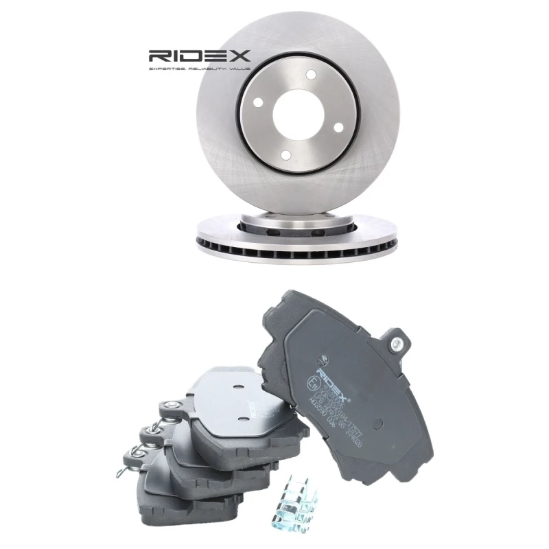 Image of RIDEX 3405B2974 Brake disc and pads set Front Axle, Brake Disc Type: internally vented, with acoustic wear warning Brake Set,disc brakes (3405)