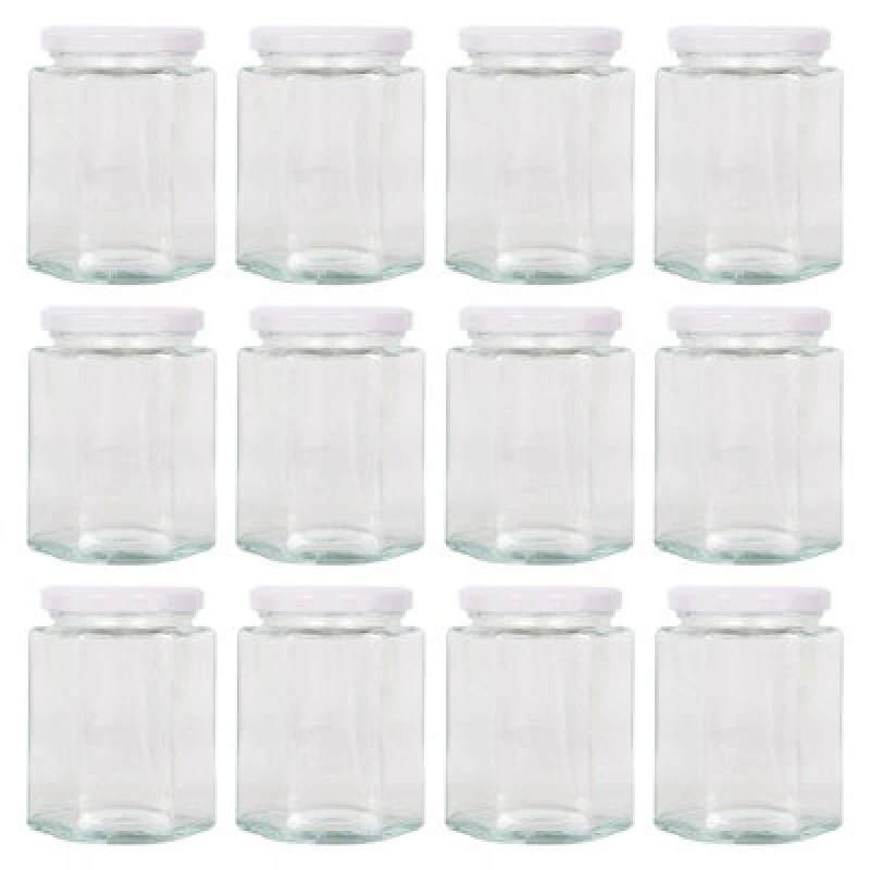 Image of Argon Tableware Hexagonal Glass Jam Jars With White Lids - 250ml - Pack Of 12