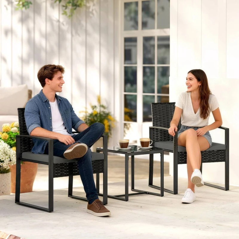 Image of OUTSUNNY Rattan Bistro Set, 3 PCS Garden Furniture with Cushion in Dark Grey Dark Grey Unisex