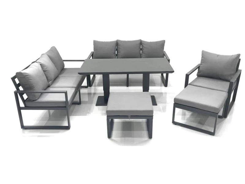 Image of Fimous Outdoor Garden Furniture Set Aluminium Lounge Sofa Adjustable Rising Lifting Dining Table Sets with 2 Big Footstools Dark Grey Dark Grey Unisex