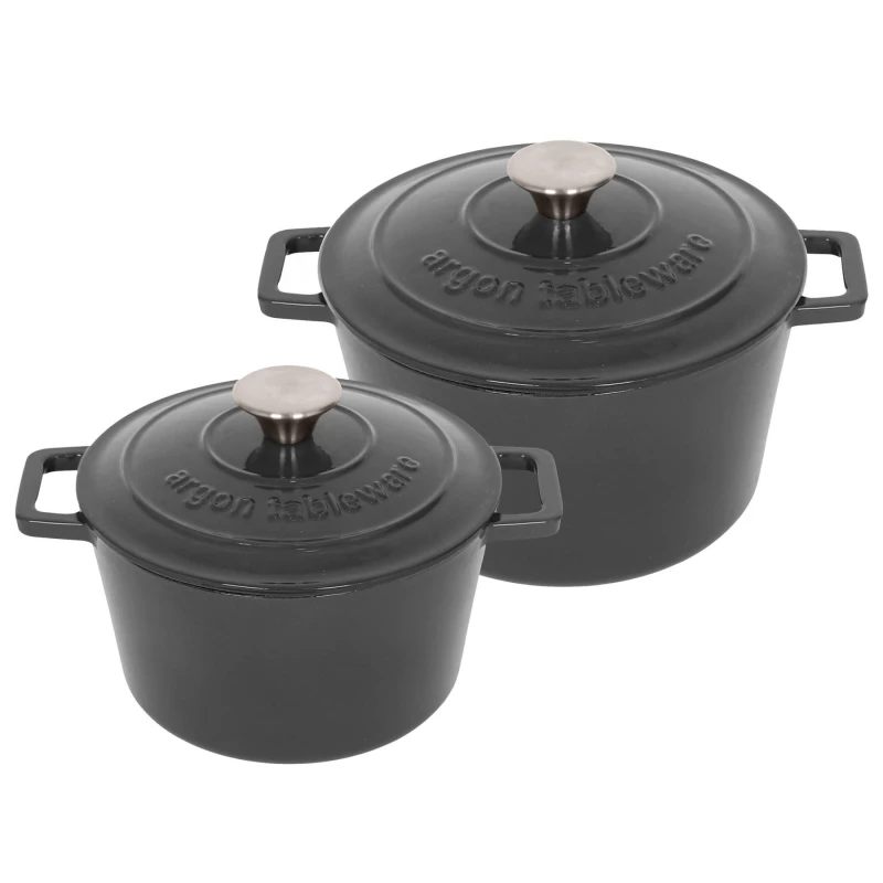 Image of Argon Tableware 2pc Round Cast Iron Casserole Dish Set - 2.8L / 4.5L Cookware with Lid in Grey Grey Unisex