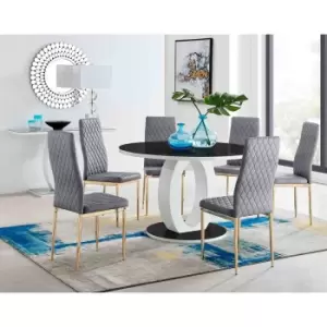 Image of Furniture Box Giovani Round Black Large 120Cm Table and 6 Grey Velvet Milan Gold Leg Chairs
