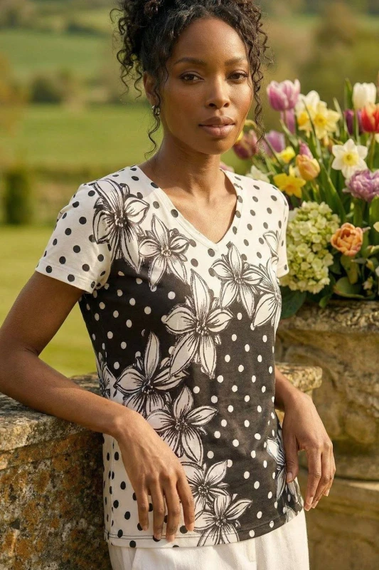 Image of Roman Womens Polka Dot Floral Knit Top in Black Size: 12 Black Female 12