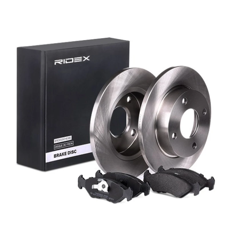 Image of RIDEX 3405B0139 Brake disc and pads set Front Axle, Brake Disc Type: Solid, excl. wear warning contact Brake Set,disc brakes (3405)