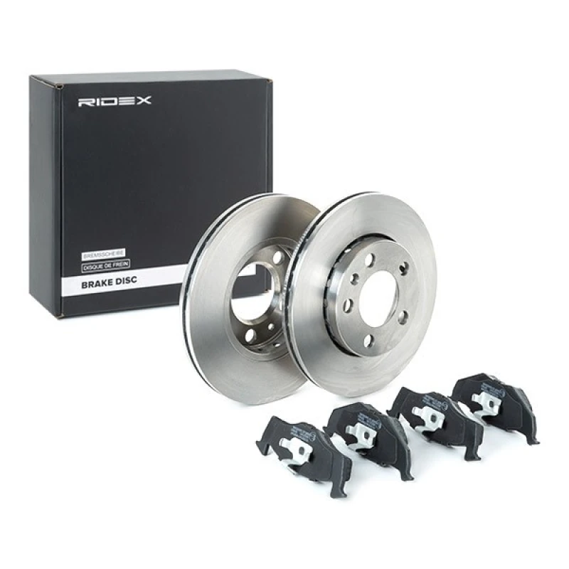 Image of RIDEX 3405B0458 Brake disc and pads set Front Axle, Brake Disc Type: internally vented, with bolts/screws Brake Set,disc brakes (3405)
