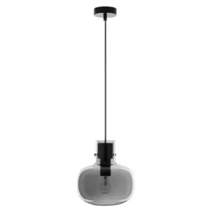 Image of Josef 22cm Globe Pendant Ceiling Light Smoky Glass Black Cord Black Metal Base LED E27 - Merano