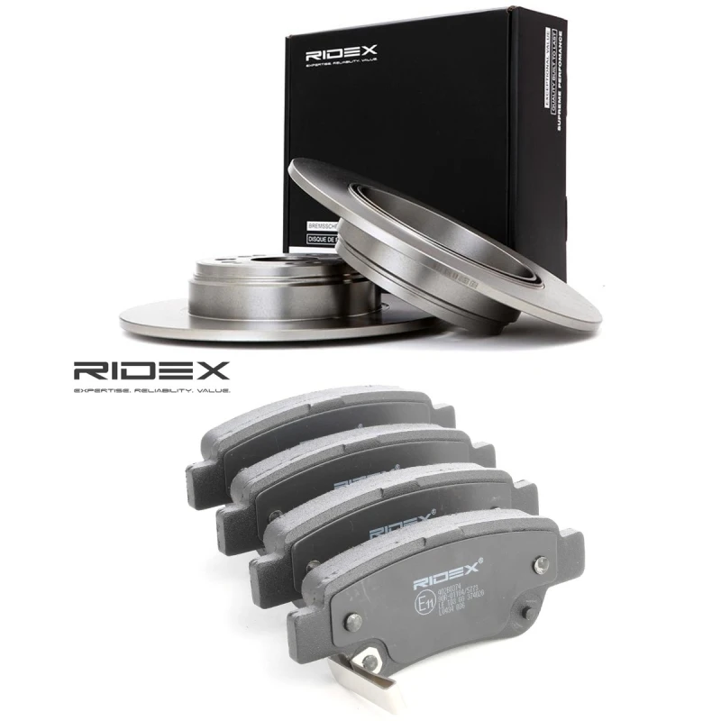 Image of RIDEX 3405B3414 Brake disc and pads set Rear Axle, Brake Disc Type: Solid Brake Set,disc brakes (3405)