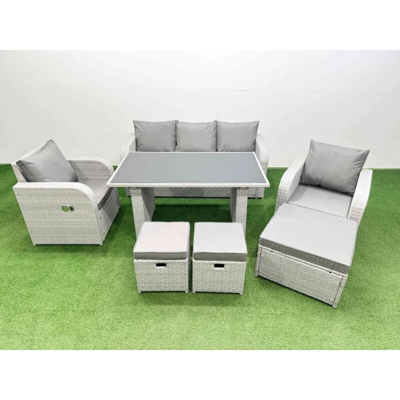 Image of Fimous Outdoor Rattan Garden Furniture Dining Set 8-seater with 3 Stools in Light Grey Light Grey Unisex