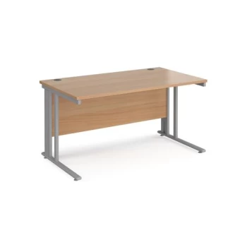 image of Office Desk 1400mm Rectangular Desk With Cable Managed Leg Beech Tops With Silver Frames 800mm Depth Maestro 25