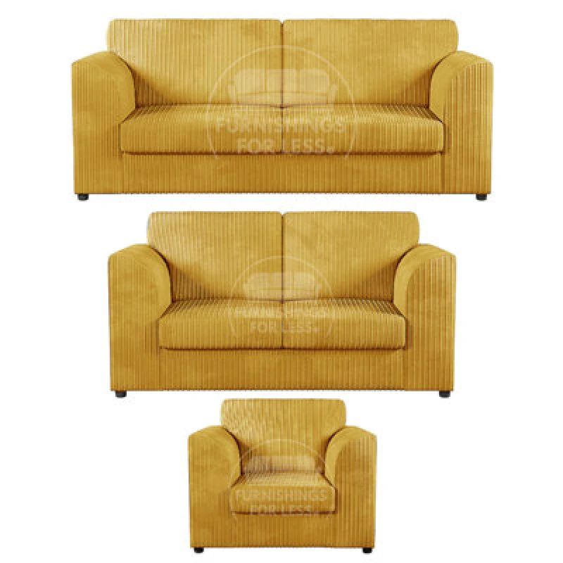 Image of Furnishings For Less UK Luxor Jumbo Cord 3 + 2 + 1 Fabric 3 Piece Sofa Suite - Fullback Mustard