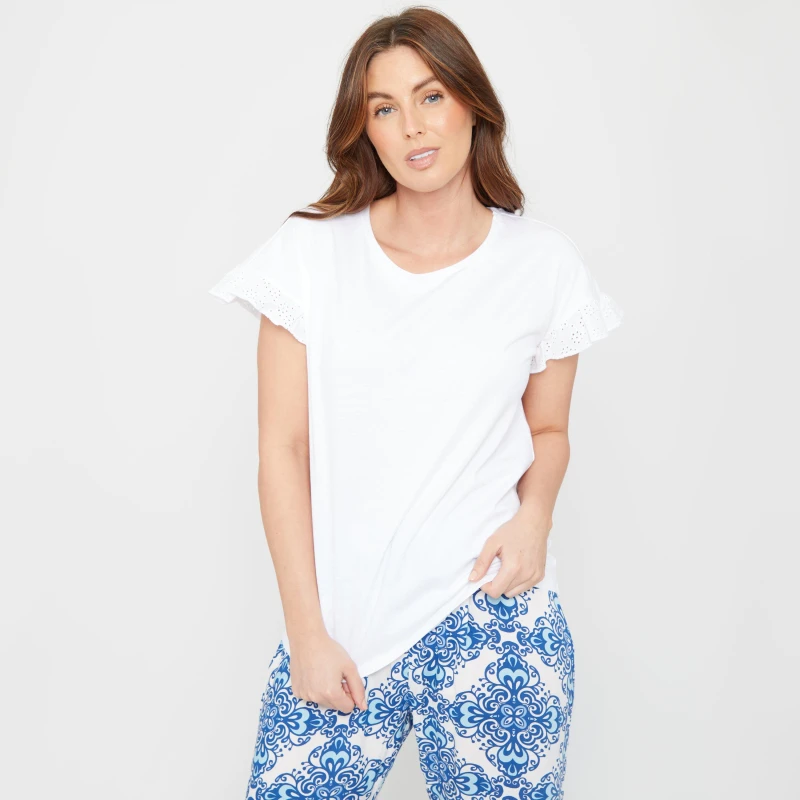 Image of Be You Broiderie Sleeve Pyjama Top - White White 8