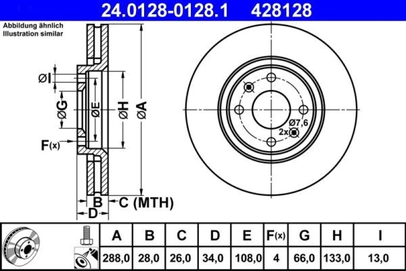 Image of ATE 24.0128-0128.1 Brake disc Vented, Coated, with bolts/screws Brake Disc (82)