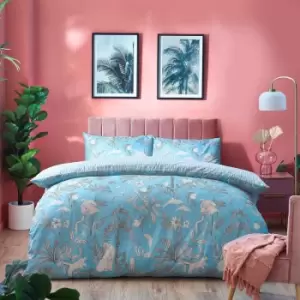 Image of Furn - Colony Palm Wildlife Paradise Print Reversible Duvet Cover Set, Pool Blue, Double