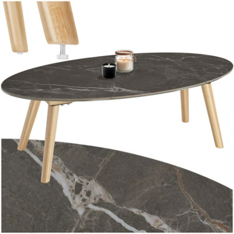 Image of Tectake Coffee Table Side Table Nesting Table With Marble Effect Tabletop Tree 100 X 50 X 34.5cm - Nature