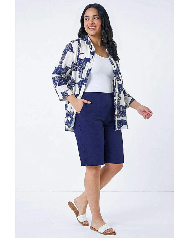 Image of Roman Curve Roman Curve Elastic Waist Knee Shorts Navy - Roman Curve - Size: 30/32 Navy Female 30/32 DB11910