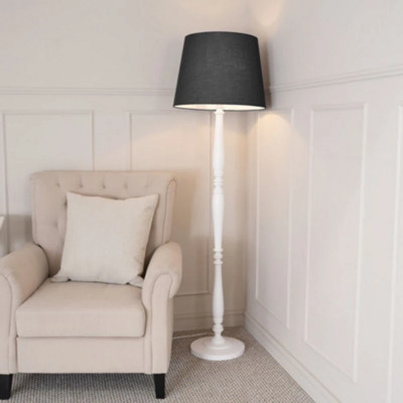 Image of ValueLights Victoria White Wood Traditional Floor Lamp with Fabric Tapered Shade and Bulb Black