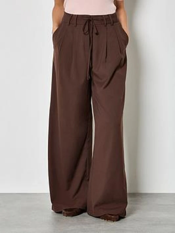 Image of Apricot Womens Pleat Detail Wide Leg Drawstring Trousers in Brown Size: 8 Brown Female 8
