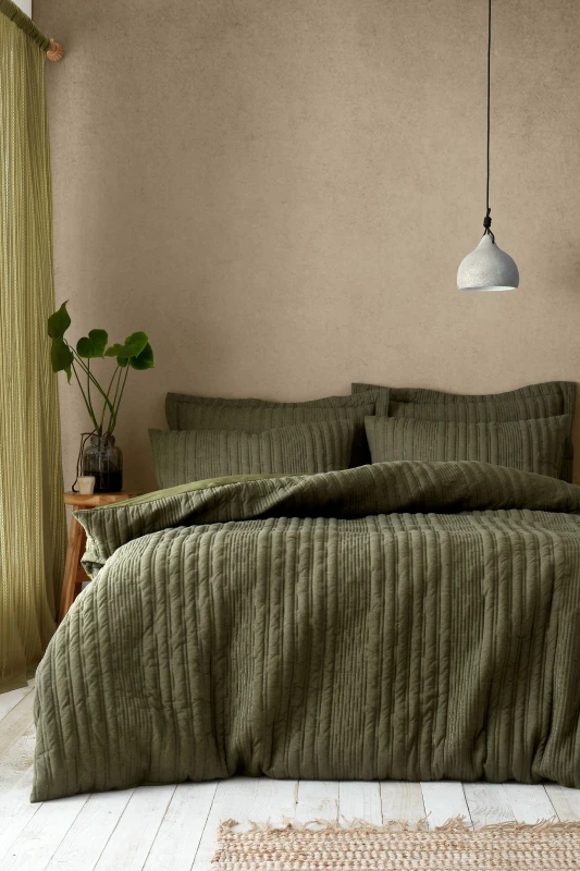 Image of Pineapple Elephant 'Tamba Jersey Stripe' Duvet Cover Set in Olive Size: King Olive Unisex King