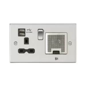 image of Knightsbridge 13A Socket, USB chargers (2.4A), & Bluetooth Speaker - Square Edge Brushed Chrome with Black insert