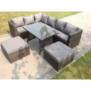 Image of Fimous 6 Seater Outdoor Dark Grey Rattan Lounge Complete Sofa Set with Dining Table 2 Big Footstools