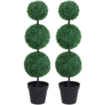 image of Set of 2 Artificial Trees Plants 3 Balls w/ Black Cement Pot - Outsunny