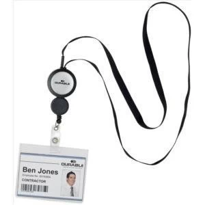 Image of Original Durable Badge Reel Plus Textile Necklace Black for Punched hole Badges 1 x Pack of 10 Badge Reels