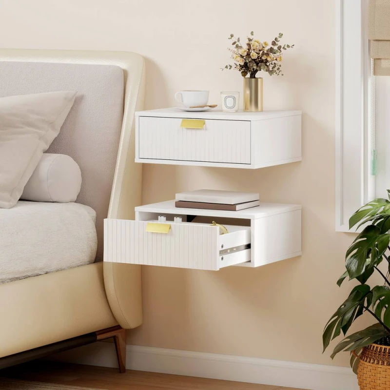 Image of HOMCOM Floating Nightstands Set of 2 Bedside Tables w/ Wave Drawer in White White Unisex