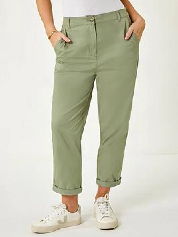 Image of Roman Womens Petite Cotton Blend Stretch Chino Trousers in Khaki Size: 12 Khaki Female 12