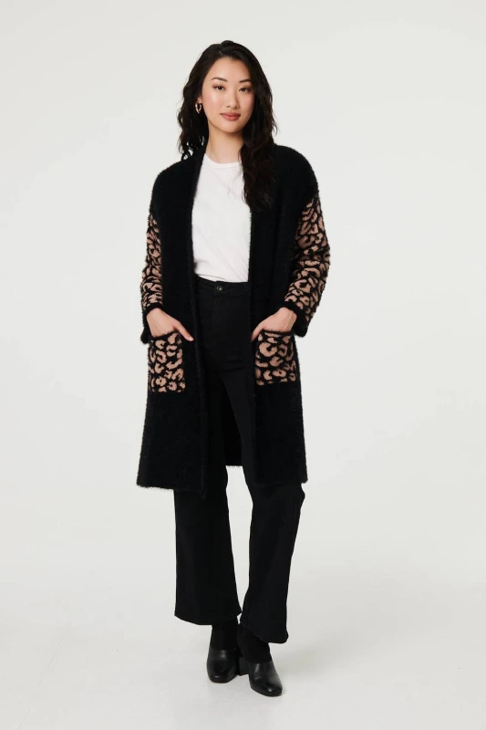 Image of Izabel London Womens Animal Print Open Longline Cardigan in Black Size: Small Black Female S