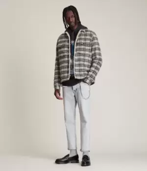 Image of AllSaints Mens Anvik Sherpa-Lined Wool Blend Check Jacket, Light Grey, Size: S