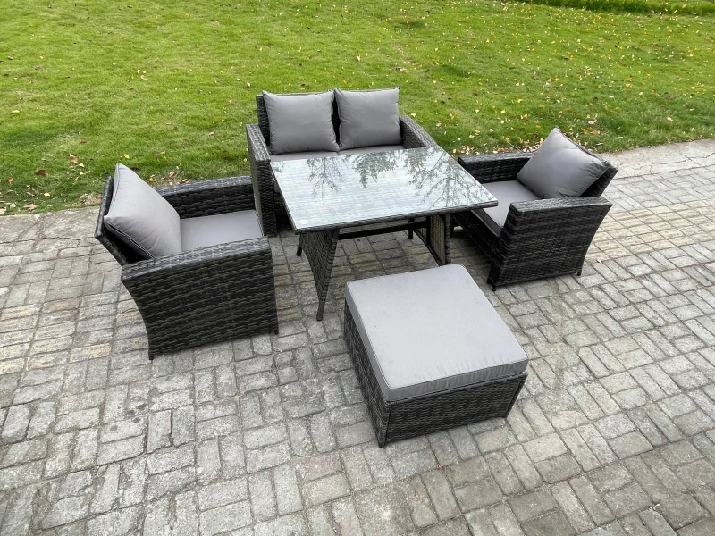 Image of Fimous Outdoor Garden Furniture High Back Rattan Sofa Dining Table Set with Big Footstool Dark Grey Mixed Dark Grey Unisex