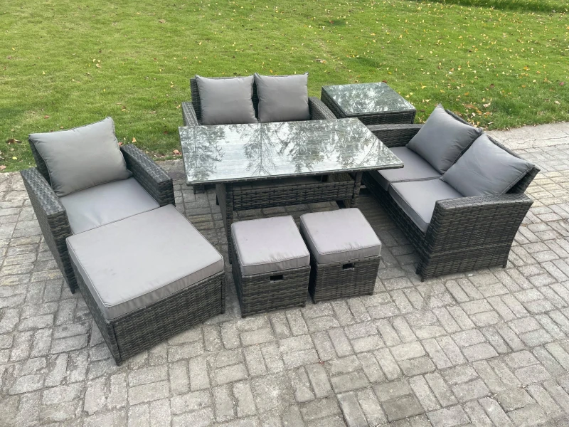 Image of Fimous 8 Seater Outdoor Garden Dining Set Wicker PE Rattan Furniture Sofa with Dining Table Double Seat Sofa Side Table 3 Footstools in Dark Grey Dark
