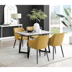 Image of Furniture Box Carson White Marble Effect Dining Table and 4 Mustard Calla Black Leg Chairs