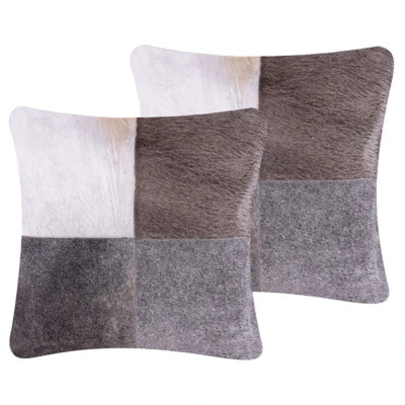 Image of Beliani Set Of 2 Decorative Cushions Nellad Leather 45 X 45cm Grey Patchwork