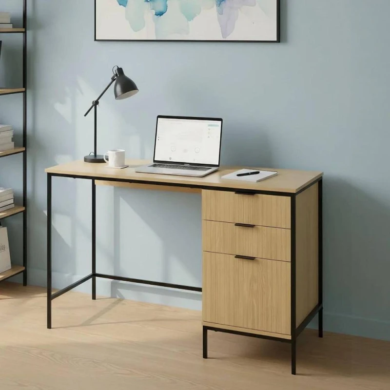 Image of Home Source Wisbech 3 Drawer Desk Oak Computer Office Table Workstation Steel Legs in Brown Brown Unisex