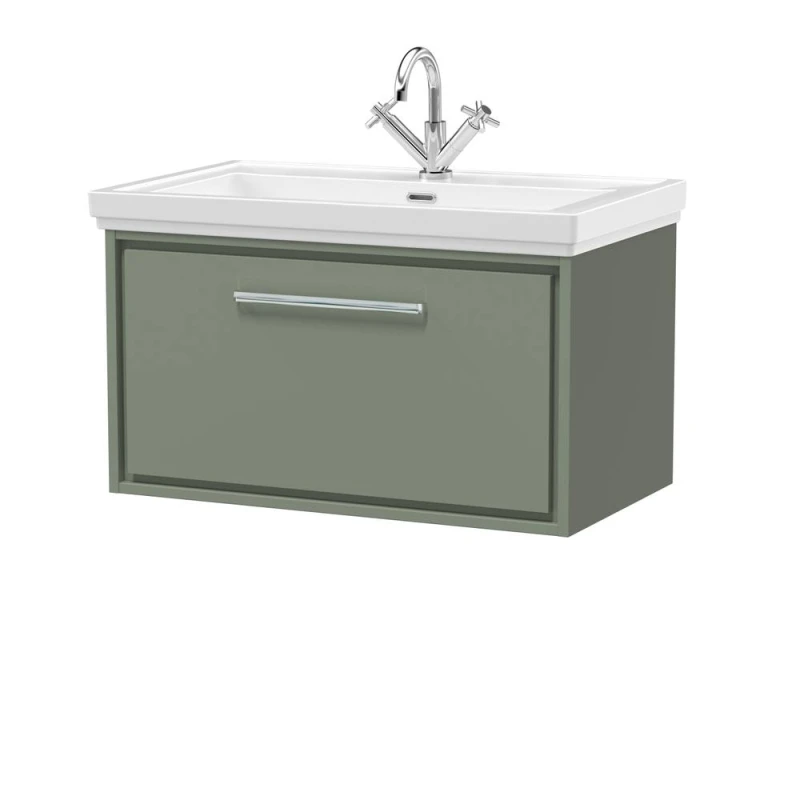 Image of Balterley Modern Bathroom Wall Hung Single Drawer Vanity Unit With Fireclay Basin, Fern Green, 800mm