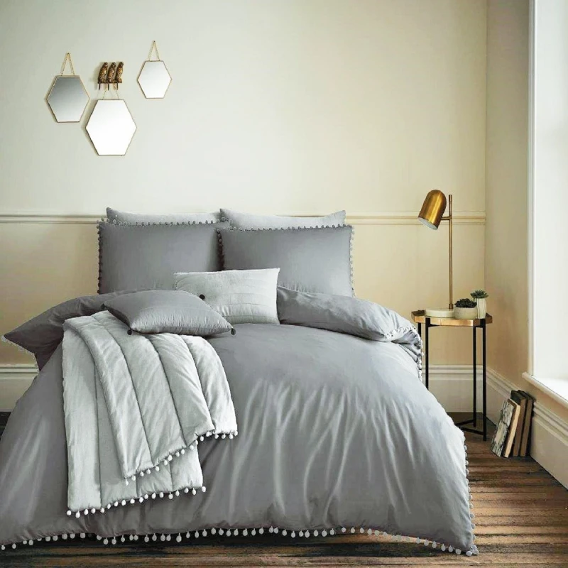 Image of Smart Living Smart Living Premium Polycotton Pom Pom Duvet Cover With Pillowcases in Charcoal Size: Double Charcoal Double Unisex 5051346159667