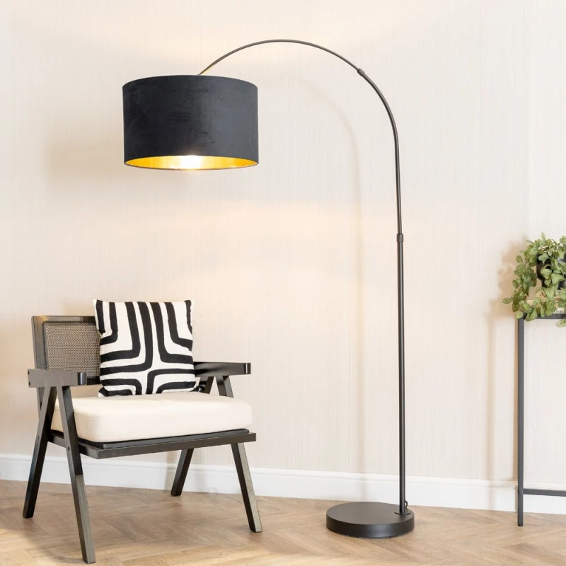 Image of ValueLights ValueLights Louis Black Arched Floor Lamp with Velvet Drum Metallic Gold Inner Shade Black One Size Unisex 5059406061141