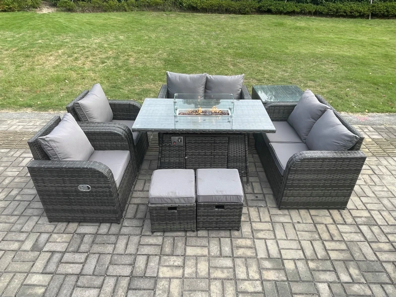 Image of Fimous 8 Seater Rattan Garden Furniture Set Propane Gas Fire Pit Table and Sofa Chair set with Side Tables 2 Small Footstools Dark Grey
