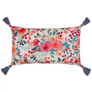 Image of Posies Floral Tasselled Cushion Multicolour/Blue, Multicolour/Blue / 30 x 50cm / Polyester Filled