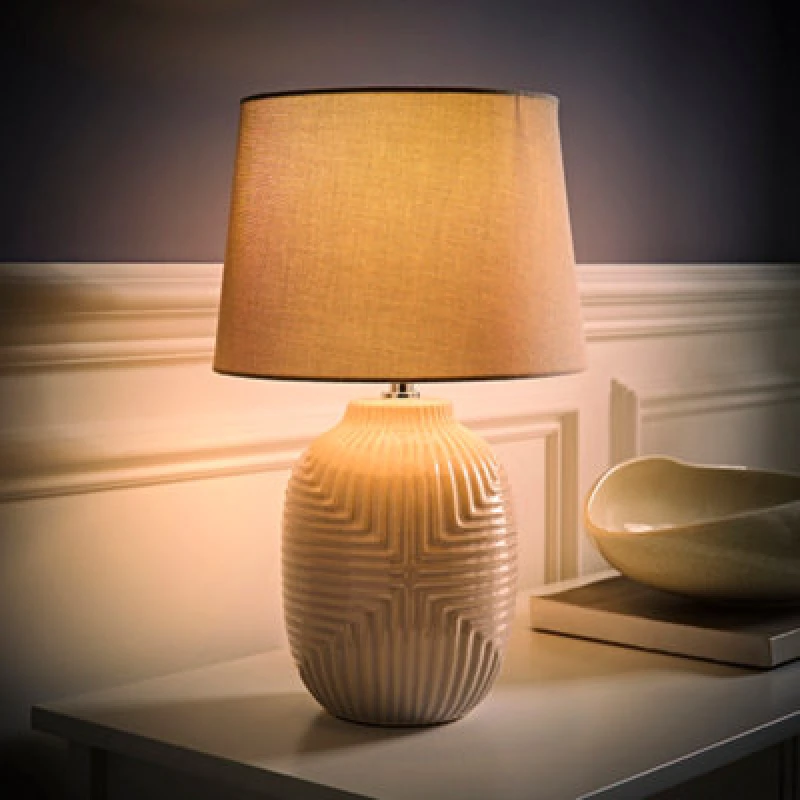 Image of ValueLights ValueLights Harrison Taper Shade Grey Geometic Ribbed Gloss Table Lamp and Bulb Size: Medium Grey Medium Unisex 5059406066450