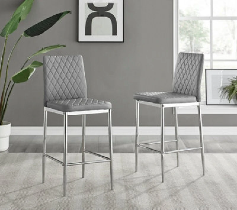 Image of Furniturebox Milan Grey Diamond-Stiched Faux Leather Silver Leg Padded Bar Stools (Set Of 2)