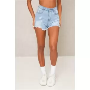 image of I Saw It First Mid Wash High Waisted Distressed Stretch Denim Shorts - Blue