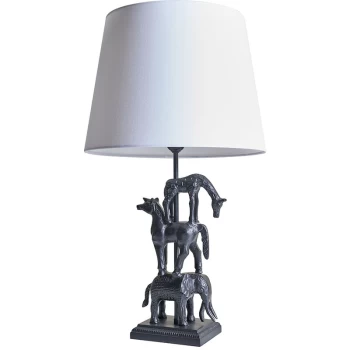 image of Matt Black Stacked Animal Table Lamp with Fabric Lampshade - White