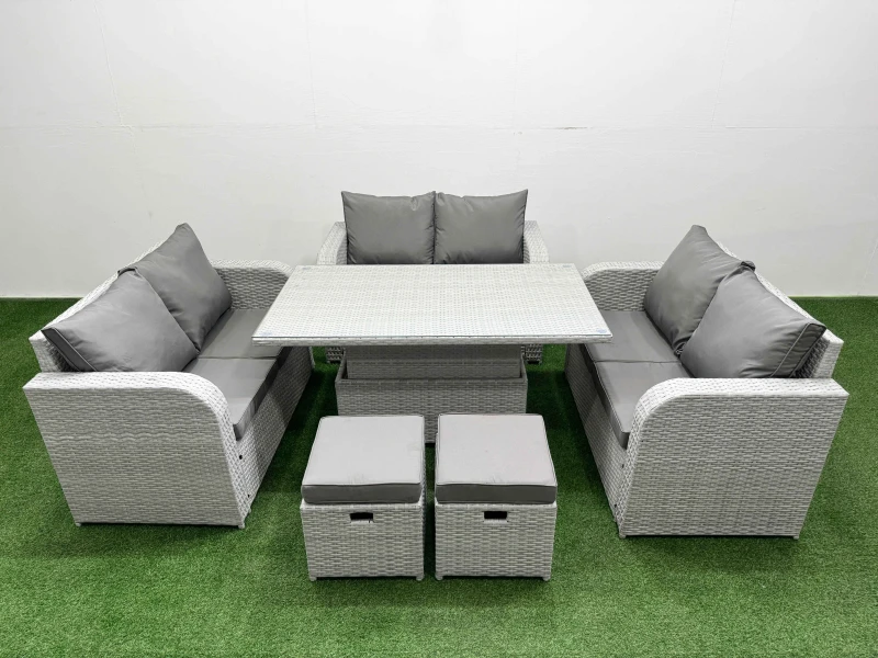 Image of Fimous 8 Seater PE Wicker Rattan Furniture Sofa Sets with Adjustable Lifting Dining or Coffee Table 2 Seater Love Sofa 2 Stool Light Grey Light Grey