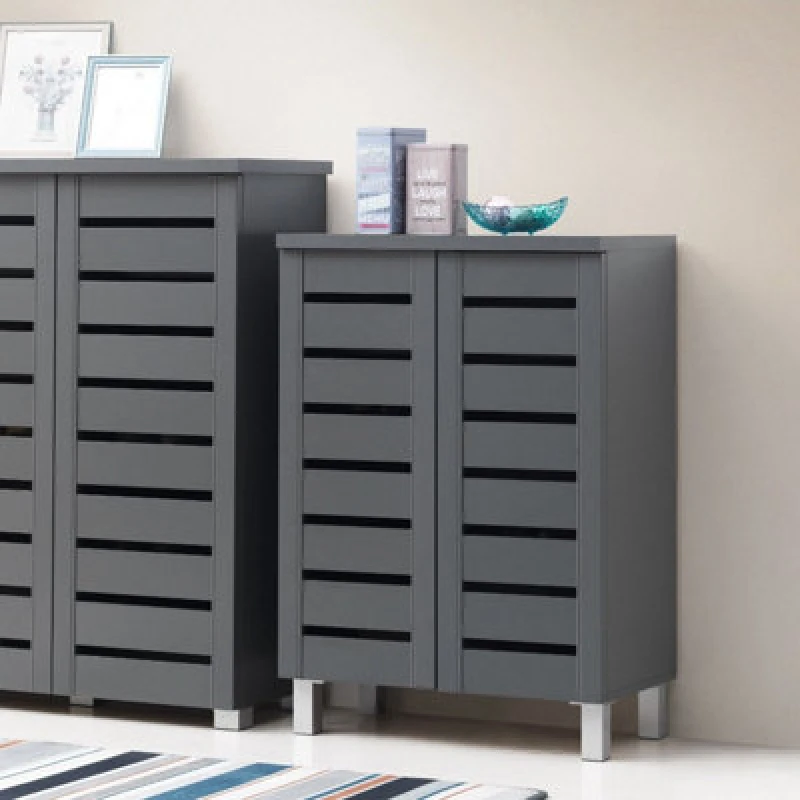 Image of Timber Art Design 4 Tier Shoe Storage Cabinet 2 Door Cupboard Stand Rack Unit Dark Grey