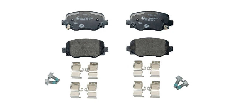 Image of HELLA 8DB 355 025-481 Brake pad set Rear Axle, with acoustic wear warning, with accessories, with brake caliper screws Brake Pad Set,disc brake (402)