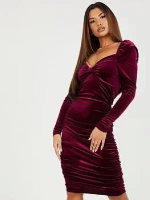 Quiz Velvet Knot Front Midi Dress, Dark Red, Size 8, Women